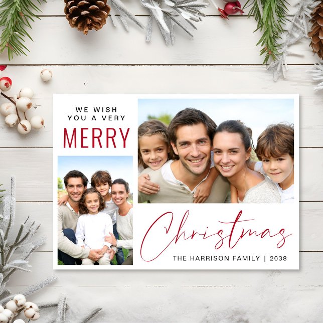 Merry Christmas 2 Photo Red Script Holiday Card (This holiday season, let your family's smiles and heartwarming memories shine on our 2 photo card)
