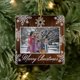 Merry Christmas 2 Photo Rustic Wood Snowflakes Ceramic Ornament