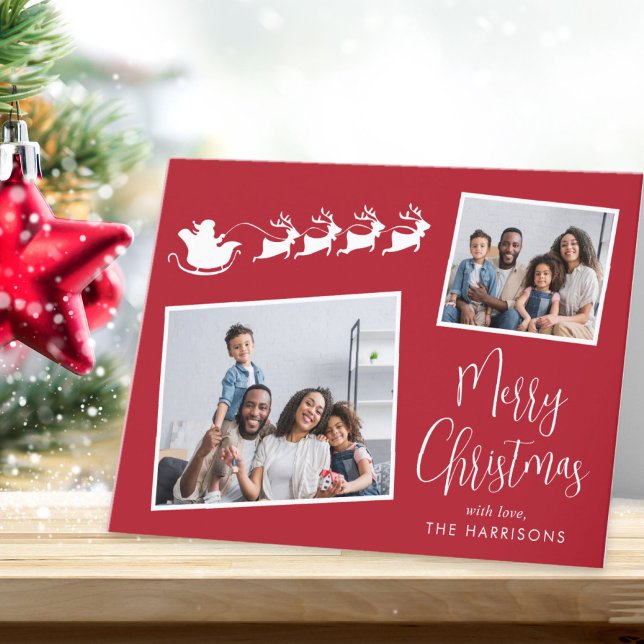 Merry Christmas 2 Photo Santas Sleigh Red Holiday Card (Share the love and warmth of the holiday season with this personalized photo Christmas card)