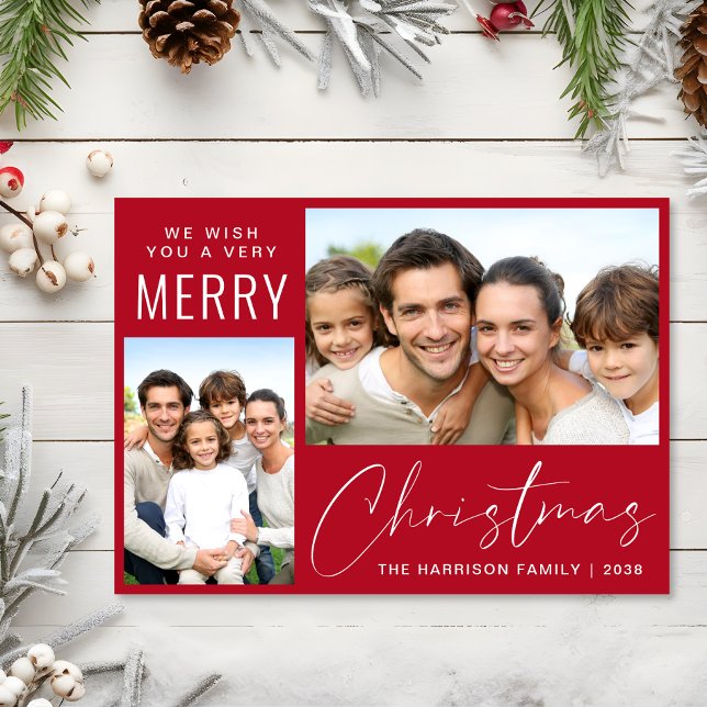 Merry Christmas 2 Photo Script Red Holiday Card (This holiday season, let your family's smiles and heartwarming memories shine on our 2 photo card)