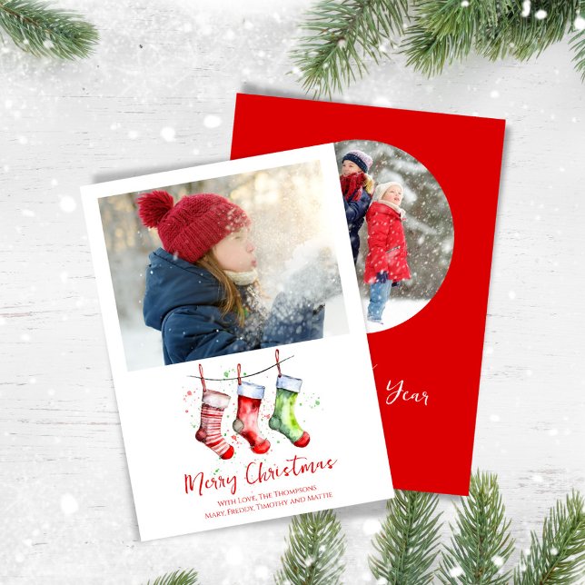 Merry Christmas 2 Photo Watercolor Stockings Holiday Card (Merry Christmas whimsical photo card with watercolor stockings.)