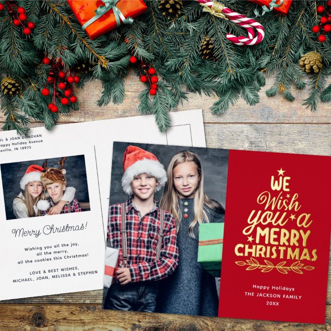 Merry Christmas 2 photos gold Foil Holiday Postcard (Creator Uploaded)