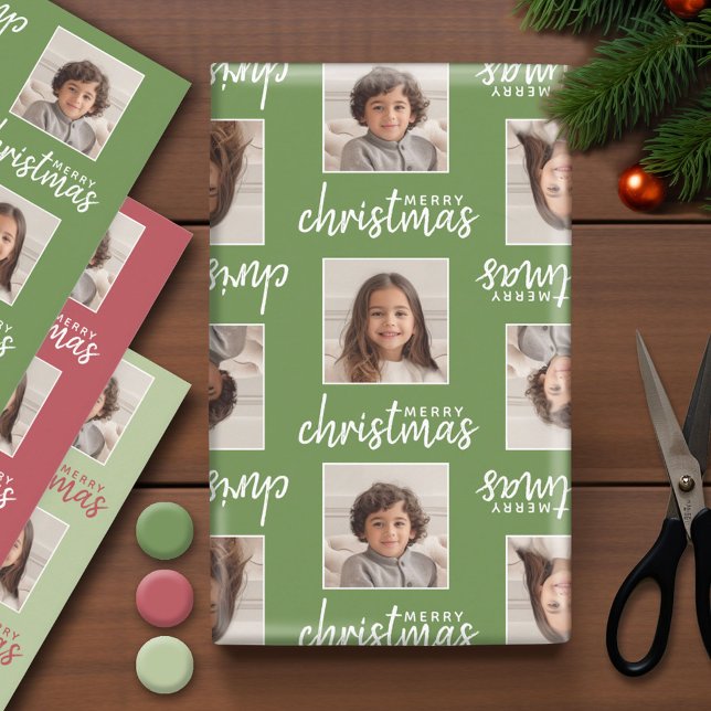 Merry Christmas - 2 Square Photos - 3 colours Wrapping Paper Sheet (Photo Wrapping Paper - Holiday and Christmas Theme)