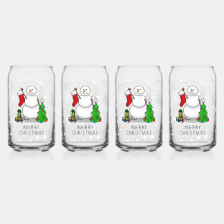 Merry Christmas 2 Tree Stocking Snowman Can Glass