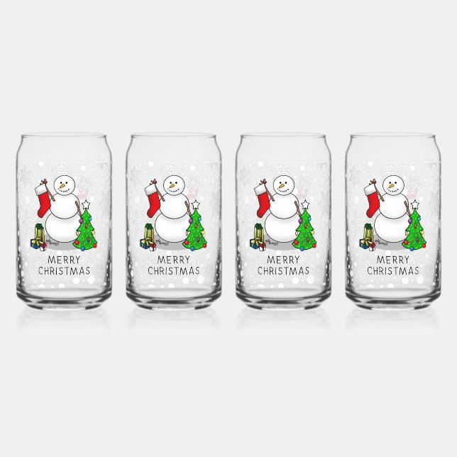 Merry Christmas 2 Tree Stocking Snowman Can Glass (Front)
