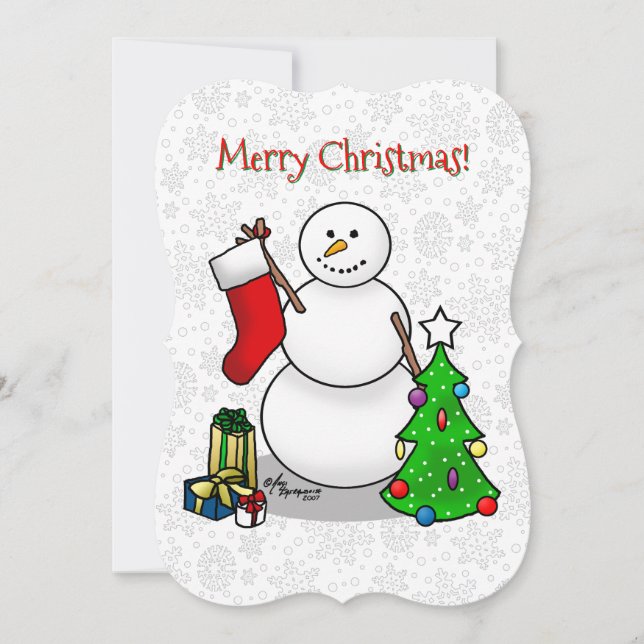 Merry Christmas 2 Tree Stocking Snowman Holiday Card (Front)