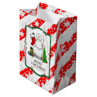 Merry Christmas 2 Tree Stocking Snowman Medium Gift Bag