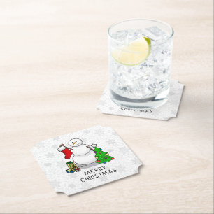 Merry Christmas 2 Tree Stocking Snowman Paper Coaster