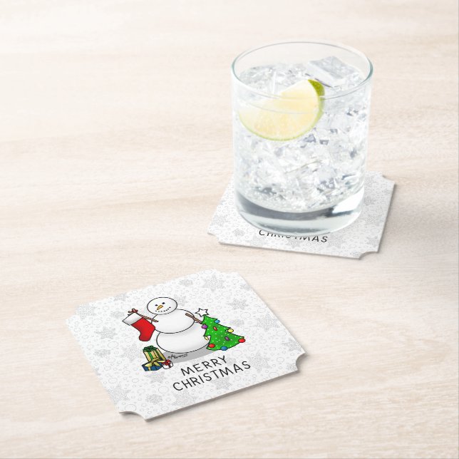 Merry Christmas 2 Tree Stocking Snowman Paper Coaster (Insitu)