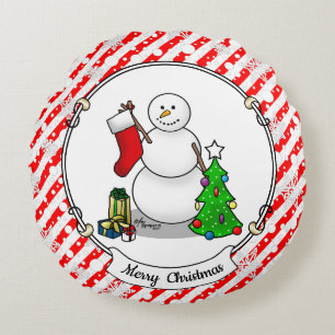 Merry Christmas 2 Tree Stocking Snowman Round Cushion