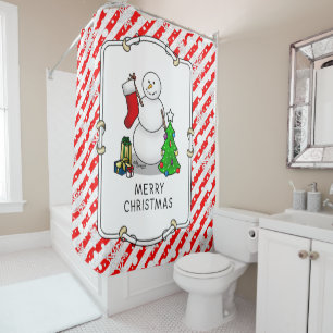 Merry Christmas 2 Tree Stocking Snowman Shower Curtain