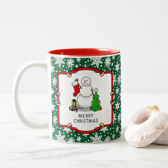 Merry Christmas 2 Tree Stocking Snowman Two-Tone Coffee Mug (With Donut)