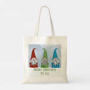 Merry Christmas 3 Colourful Holiday Gnomes in Snow Tote Bag
