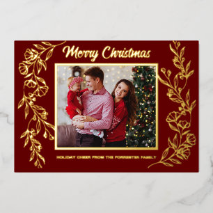 Merry Christmas 3 family Photo leaf art Foil Holiday Card