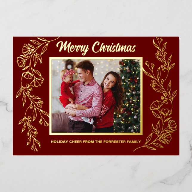 Merry Christmas  3 family Photo leaf art  Foil Holiday Card (Front)