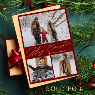 Merry Christmas 3 photo collage elegant red gold Foil Holiday Card