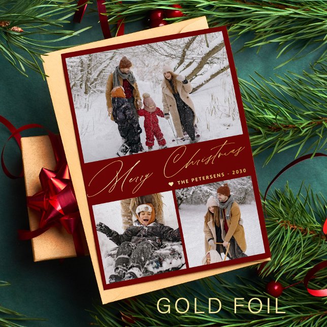 Merry Christmas 3 photo collage elegant red gold Foil Holiday Card (Creator Uploaded)
