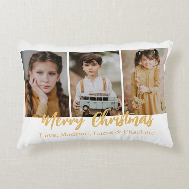Merry Christmas 3 Photo Collage Gold Decorative Cushion (Front)