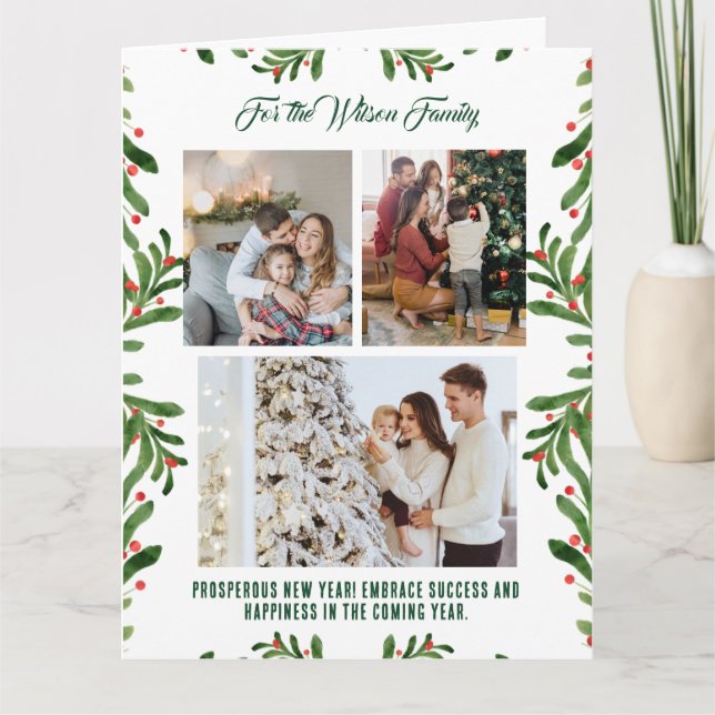 Merry Christmas 3 Photo Collage Green Holiday Card (Front)