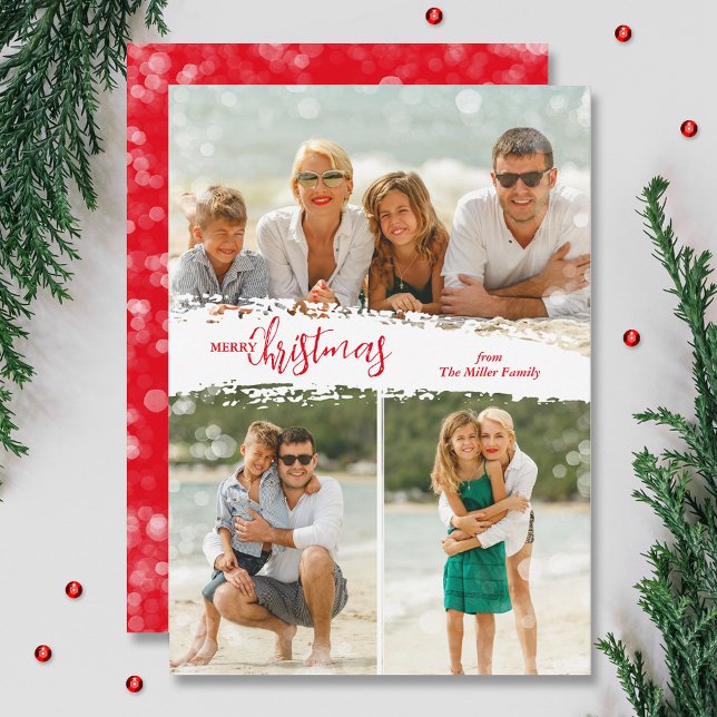 Merry Christmas 3 Photo Collage Holiday Card (Red Merry Christmas 3 photo grid collage holiday cards, PRINTED and/or INSTANT DOWNLOAD)