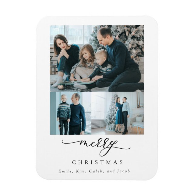 Merry Christmas 3 Photo Collage Modern Chic Magnet (Vertical)