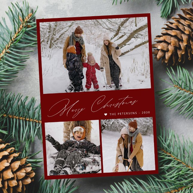 Merry Christmas 3 photo collage modern red Holiday Card (Creator Uploaded)