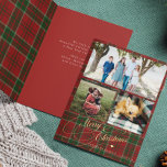 Merry Christmas 3 photo collage plaid folded Holiday Card<br><div class="desc">Elegant stylish Merry Christmas faux gold classic calligraphy script three family photos rustic red green plaid tartan foldable holiday card with your custom personalised text message.</div>