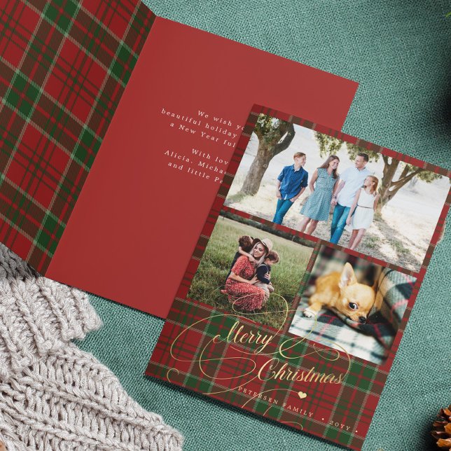 Merry Christmas 3 photo collage plaid folded Holiday Card (Creator Uploaded)
