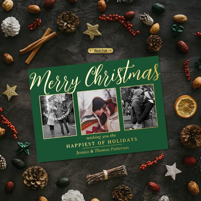Merry Christmas 3 Photo Collage Real Foil Holiday Card (Creator Uploaded)
