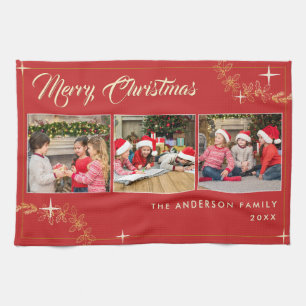 Merry Christmas 3 Photo Collage Red Gold Tea Towel