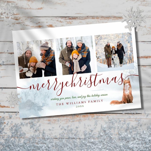 Merry Christmas 3 Photo Collage Winter Fox Holiday Card (Creator Uploaded)