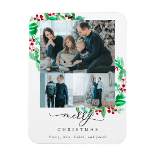 Merry Christmas 3 Photo Collage Wreath Holiday Magnet