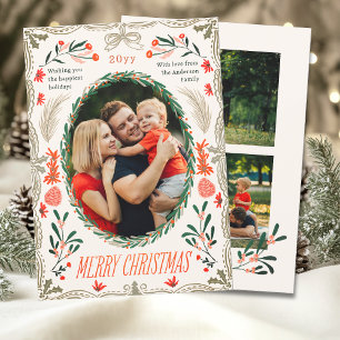 Merry Christmas 3 Photo Coquette Botanical Floral Holiday Card