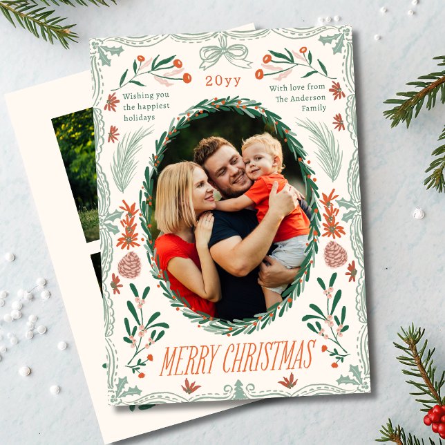 Merry Christmas 3 Photo Coquette Botanical Floral Holiday Card (Creator Uploaded)