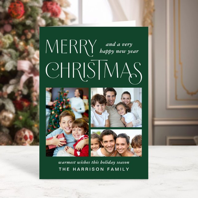 Merry Christmas 3 Photo Green Holiday Card (This holiday season, let your family's smiles and heartwarming memories shine on our 3 photo card)