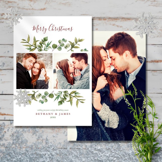 Merry Christmas 3 Photo Modern Greenery Couples Holiday Card (Creator Uploaded)