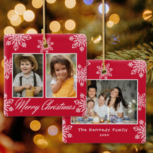 Merry Christmas 3 Photo Red And White Snowflakes Ceramic Ornament