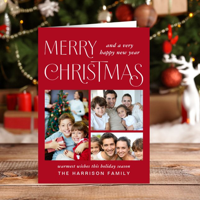 Merry Christmas 3 Photo Red Holiday Card (This holiday season, let your family's smiles and heartwarming memories shine on our 3 photo card)