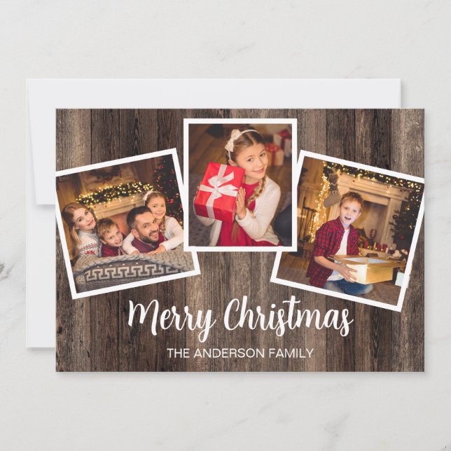 Merry Christmas 3 Photo Rustic Wood Card (Front)