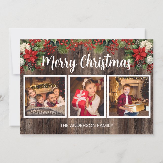 Merry Christmas 3 Photo Rustic Wood Red Poinsettia Card (Front)