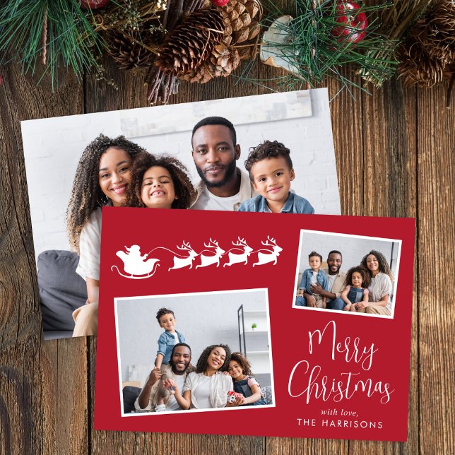 Merry Christmas 3 Photo Santa Sleigh Holiday Card (Share the love and warmth of the holiday season with this personalized photo Christmas card)