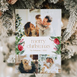 Merry Christmas 3 Photo Winter Botanical Greenery Holiday Card<br><div class="desc">This collection features watercolor red florals,  berries & winter greenery with modern & elegant typography,  with a winter botanical pattern back.</div>