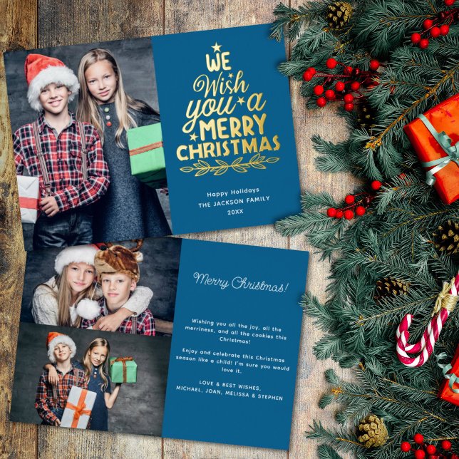 Merry Christmas 3 photos blue family  Foil Holiday Card (Creator Uploaded)