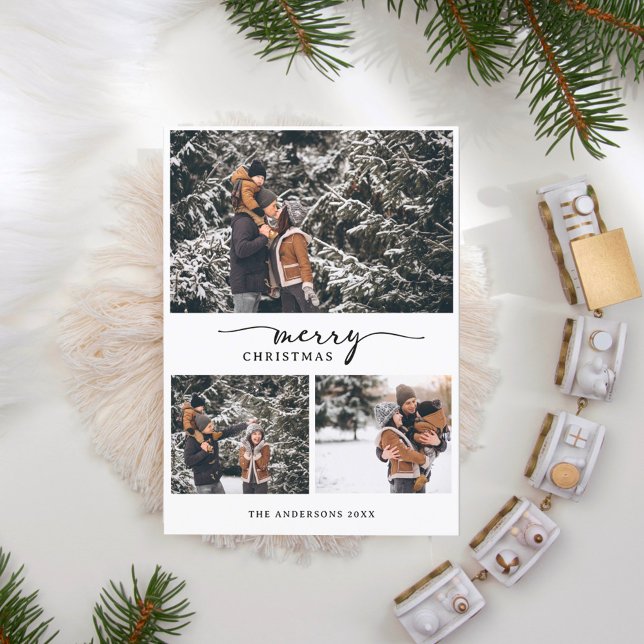 Merry Christmas 3 Photos Collage Modern Script Holiday Postcard (Creator Uploaded)