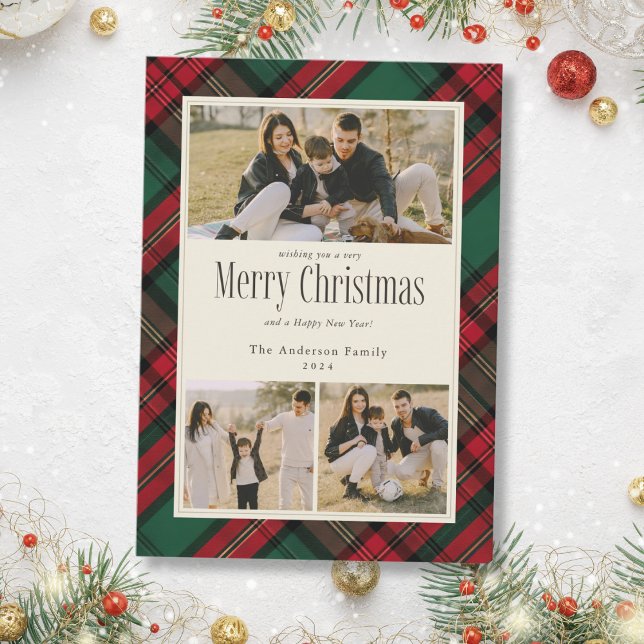 Merry Christmas 3 Photos Elegant Green Red Plaid Holiday Card (Merry Christmas 3 Photos Elegant Green Red Plaid Holiday Card
)