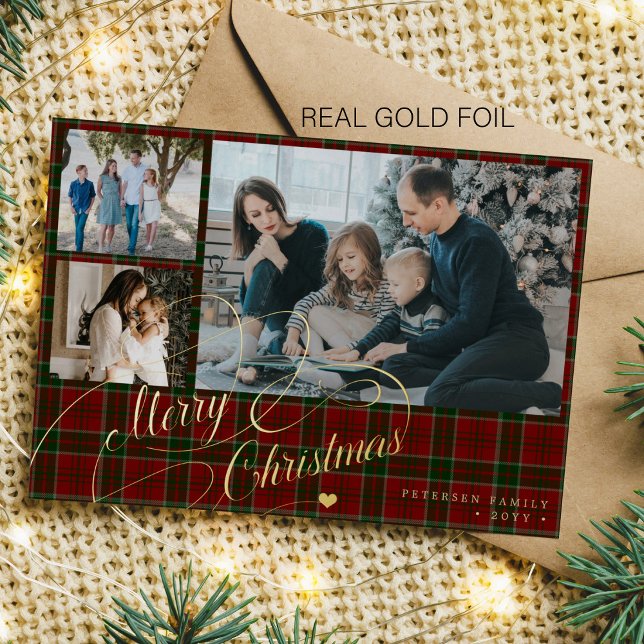 Merry Christmas 3 photos elegant script red plaid  Foil Holiday Card (Creator Uploaded)