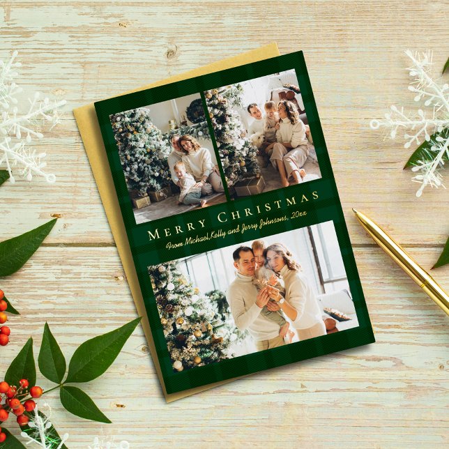 merry christmas 3 photos green buffalo plaid gold  foil holiday card (Creator Uploaded)