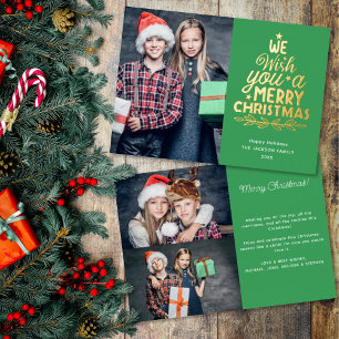 Merry Christmas 3 photos green family  Foil Holiday Card