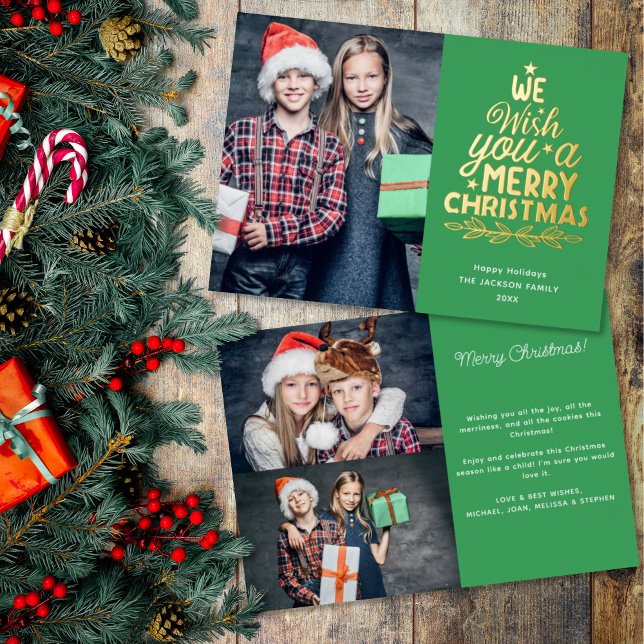 Merry Christmas 3 photos green family  Foil Holiday Card (Creator Uploaded)
