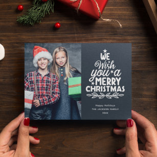 Merry Christmas 3 photos grey family Holiday Card